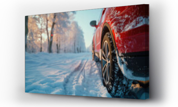 Wizualizacja Obrazu : #713562777 A red car is seen driving down a snow covered road. This image can be used to depict winter driving or a scenic winter road trip