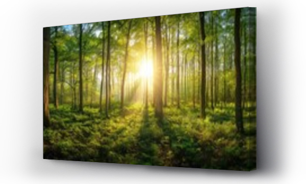 Wizualizacja Obrazu : #713746560 Beautiful forest panorama with bright sun shining through the trees
