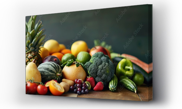 Wizualizacja Obrazu : #713922505 Female nutritionist with board with fresh fruits and vegetables in her office. Creative Banner. Copyspace image
