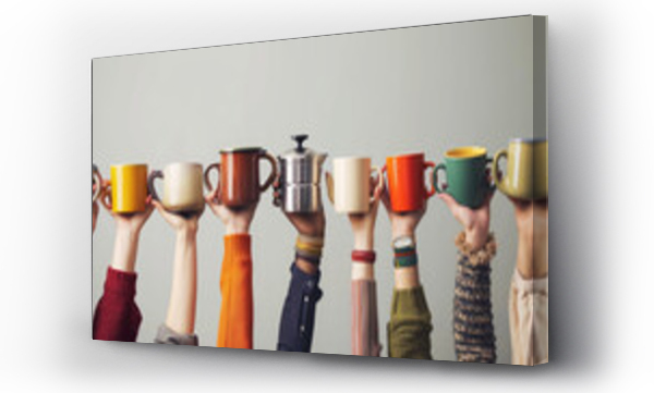 Wizualizacja Obrazu : #714294981 Multiple hands are raised, each holding a different type of coffee cup or coffee pot, showcasing a variety of colors and styles against a neutral background.