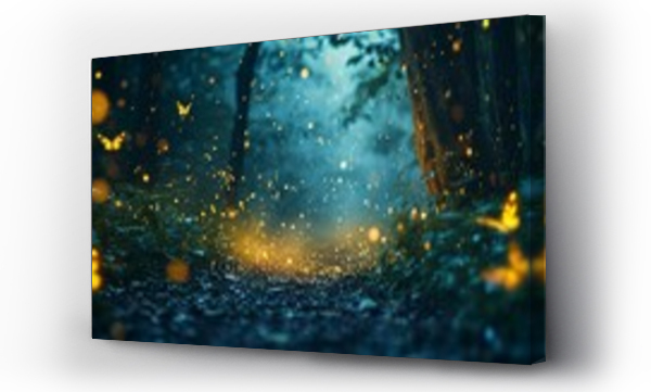 Wizualizacja Obrazu : #714328223 Abstract and magical image of Firefly and butterfly flying in the night forest. Fairy tale concept.