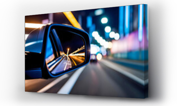Wizualizacja Obrazu : #714685783 View of the side mirror from the rear of a business class car driving along the line at high speed. A car rushes along the highway in the city at night,