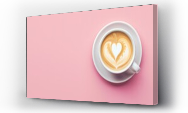 Wizualizacja Obrazu : #714732815 Close-up view of a cup of coffee with heart shape latte art over pink background.