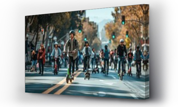 Wizualizacja Obrazu : #714843269 A dynamic street-level photo of a diverse group of people using electric scooters, bicycles, and skateboards on a city bike lane, emphasizing sustainability and modern urban transport