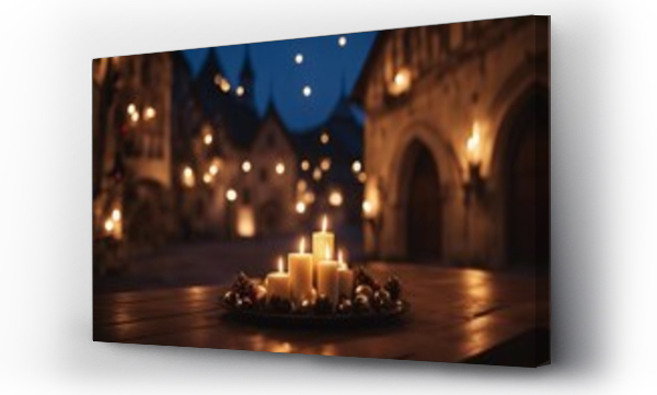 Wizualizacja Obrazu : #714913559 Christmas time Wooden table with candles in front of medieval Town Square in Christmas night Gothic