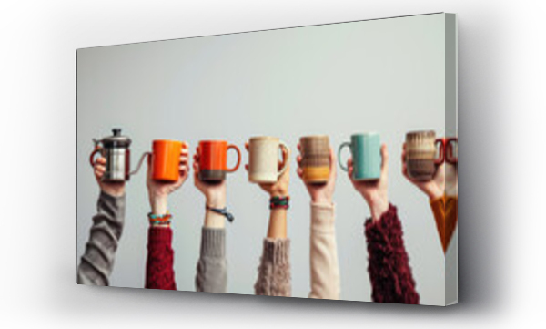 Wizualizacja Obrazu : #715056958 Multiple hands are raised, each holding a different type of coffee cup or coffee pot, showcasing a variety of colors and styles against a neutral background.