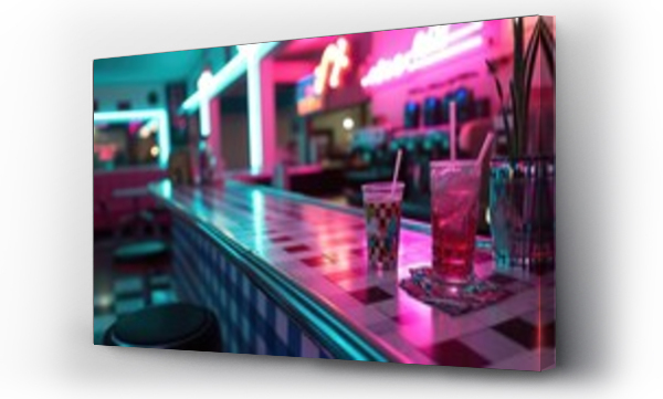 Wizualizacja Obrazu : #715184492 A neon light display of a checkered tablecloth with a soda fountain gl outlined in neon representing the quintessential dining experience of a retro diner