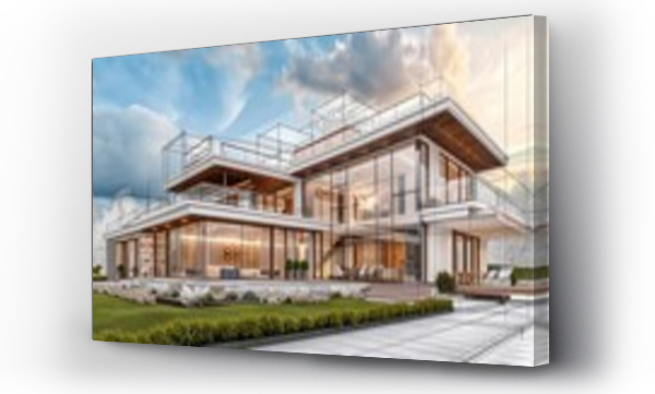 Wizualizacja Obrazu : #715263297 3D rendering of a luxurious villa with contrasting realistic rendering and wireframe copy space