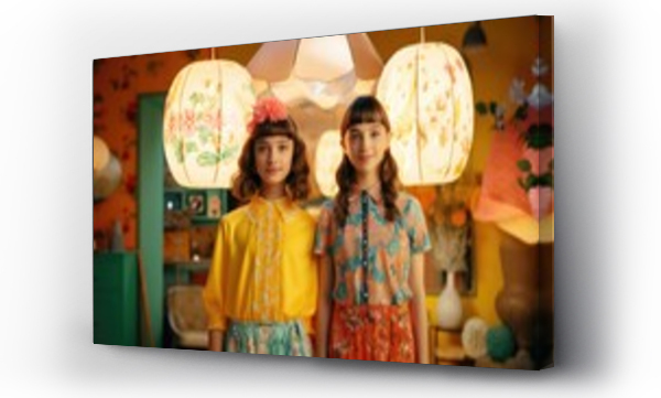 Wizualizacja Obrazu : #715468138 Two girls in bright floral retro 60s costumes in a retro interior. Scenery during the shooting of the video clip