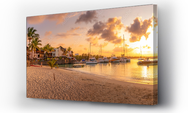 Wizualizacja Obrazu : #715513470 View of beach and boats in Grand Bay at golden hour, Mauritius