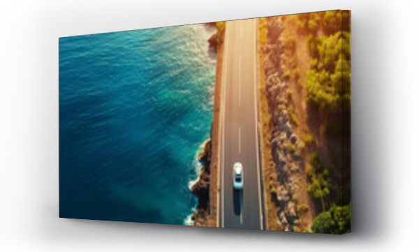 Wizualizacja Obrazu : #715554154 Aerial view of car driving on asphalt highway road near the ocean. Sun shine. Travel concept. Generative AI