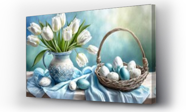 Wizualizacja Obrazu : #715612430 Niebiesko-bia?e wielkanocne t?o z pisankami w koszyku i bia?ymi tulipanami 