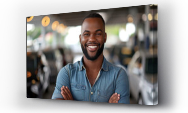Wizualizacja Obrazu : #715762767 Portrait of a happy dark-skinned man standing in a car showroom.