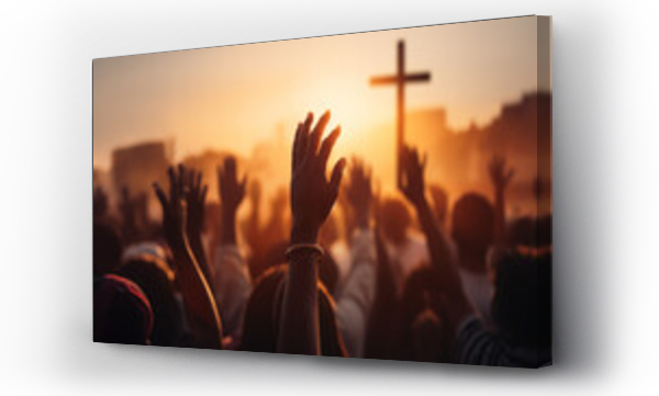 Wizualizacja Obrazu : #715833514 Christian worshipers raising hands up in the air in front of the cross
