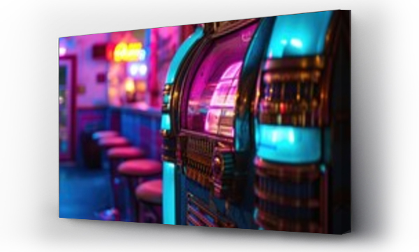Wizualizacja Obrazu : #716085220 A vintage jukebox glowing with purple and blue neon lights playing oldies tunes