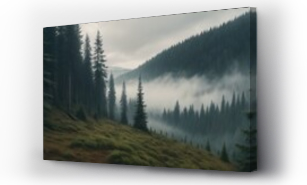Wizualizacja Obrazu : #716371401 retro-style painting of a misty landscape dominated by a fir forest
