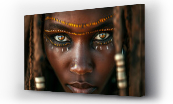 Wizualizacja Obrazu : #716419555 Beautiful african tribe woman, tribal markings, very detailed eye and iris, rasta hair, she is looking straight into the camera black background