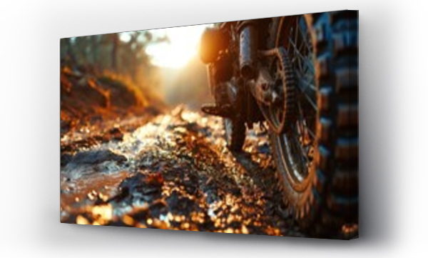 Wizualizacja Obrazu : #716630662 Racing motorcycle on a muddy road in the forest at sunset. Motocross. Enduro. Extreme sport concept.