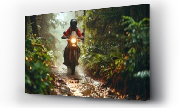 Wizualizacja Obrazu : #716632479 Motorcyclist riding on a dirt road in the rain forest. Motocross. Enduro. Extreme sport concept.