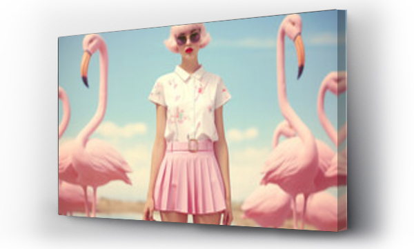 Wizualizacja Obrazu : #716810087 Pretty girl in pink skirt posing with flamingo birds