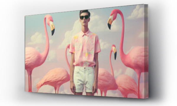 Wizualizacja Obrazu : #716810089 Young boy wearing white shorts posing with flamingo birds