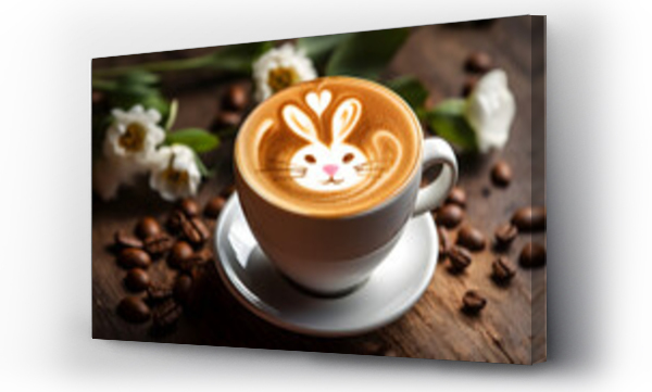 Wizualizacja Obrazu : #717077764 Cup of latte coffee with Easter bunny shape art on foam, top view. Beautiful Easter and spring background.	Coffee cup with latte art on wooden table with white tulips and coffe beans.