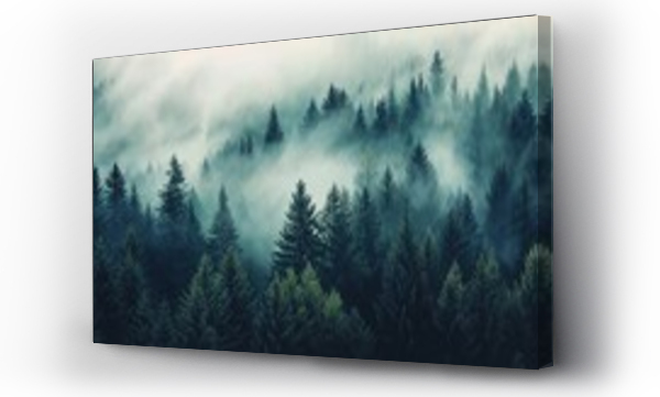 Wizualizacja Obrazu : #717124986 Misty Forest Aerial Photograph with Pine Trees. Foggy, Atmospheric Nature Background.