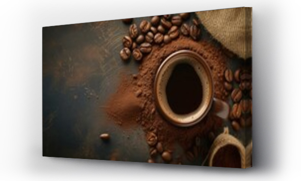 Wizualizacja Obrazu : #717142702 Coffee cup surrounded by ground coffee and beans on a dark surface
