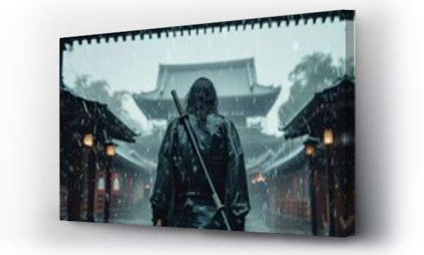 Wizualizacja Obrazu : #717293689 a epic samurai with a weapon sword standing in front of a old japanese temple shrine.