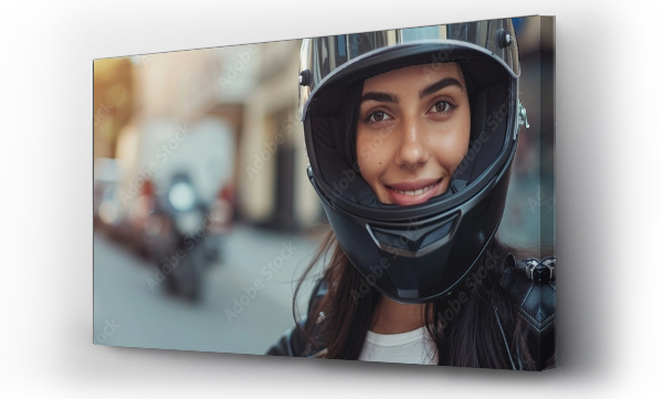 Wizualizacja Obrazu : #717320988 Satisfied Latin woman with motorcycle helmet in urban area.
