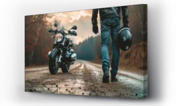 Wizualizacja Obrazu : #717847828 Biker walks to motorcycle holding helmet in hand