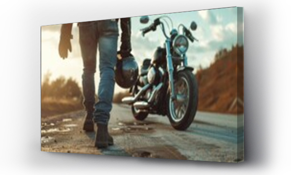 Wizualizacja Obrazu : #717847863 Biker walks to motorcycle holding helmet in hand