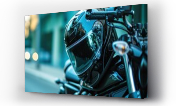 Wizualizacja Obrazu : #717847908 Black motorcycle helmet hanging on the handlebars of the motorcycle