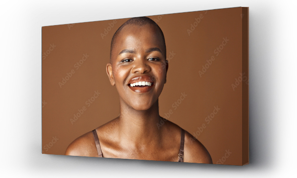 Wizualizacja Obrazu : #718087184 Face, beauty and smile with happy black woman in studio isolated on brown background for wellness. Portrait, skincare and aesthetic for foundation cosmetics or dermatology with a natural bald person