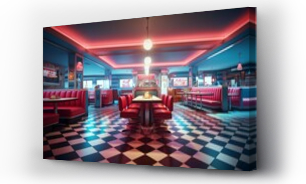 Wizualizacja Obrazu : #718127692 3D render of a retro poster frame in a vintage diner-style restaurant with checkered floors and neon signs