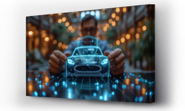 Wizualizacja Obrazu : #718210167 man holding a halograph model of a car. safety concept, car insurance, rental car
