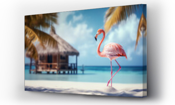 Wizualizacja Obrazu : #718787887 Beautiful pink flamingo on the white sand beach. AI generated image.