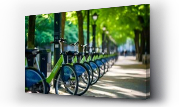Wizualizacja Obrazu : #719029610 Bicycle sharing systems. Bicycle for rent business. Bicycle for city tour at bike parking station. Eco-friendly transport. Urban economy public transport. Bike station in the park. Healthy lifestyle.