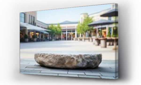 Wizualizacja Obrazu : #719398725 Stone table and blurred shopping plaza - ideal for showcasing or creating product montages.