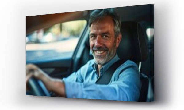 Wizualizacja Obrazu : #719427547 Mid adult man smiling while driving car and looking at mirror for reverse. Happy man feeling comfortable sitting on driver seat in his new car.