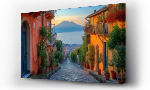 Wizualizacja Obrazu : #719593865 Amalfi coast look-like landscape, Italian town on the sea, terraced houses decorated with flowers. Mediterranean travel concept