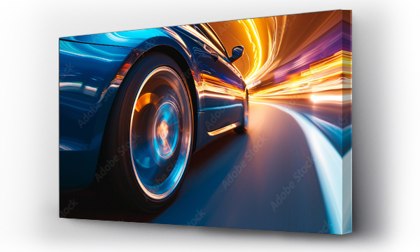 Wizualizacja Obrazu : #719764804 car driving in motion, blue car on high speed . Blue car rushing along a high-speed highway.banner