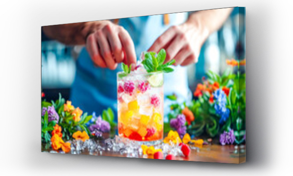 Wizualizacja Obrazu : #720239899 Bartender artfully prepares non-alcoholic, healthy, and refreshing drink, adorned with fresh mint and vibrant berries, nestled among colorful array of flowers and chilled ice. Concept of healthy drink