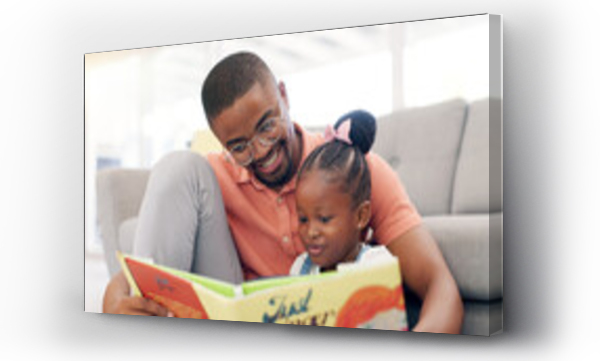 Wizualizacja Obrazu : #720331666 Reading, father and story with girl for learning in lounge for education or quality time. Kid, books and parent for support on floor or fun with growth for childhood at house with happy family.