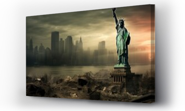 Wizualizacja Obrazu : #720591775 The Statue of Liberty proudly stands in front of a breathtaking city skyline, The Statue of Liberty over the scene of New York Cityscape riverside, which is located in lower Manhattan, AI Generated