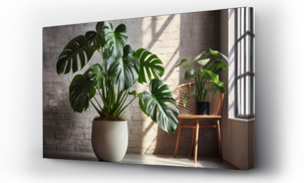 Wizualizacja Obrazu : #720615780 Monstera with leaves in flowerpot, climbing plant. Monstera deliciosa or philodendron,  plant, nature and flora. Interior design