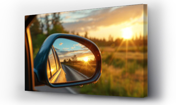 Wizualizacja Obrazu : #720840143 the rear view mirror of a car on the side of the road with the sun reflecting in the rear view mirro. travel concept