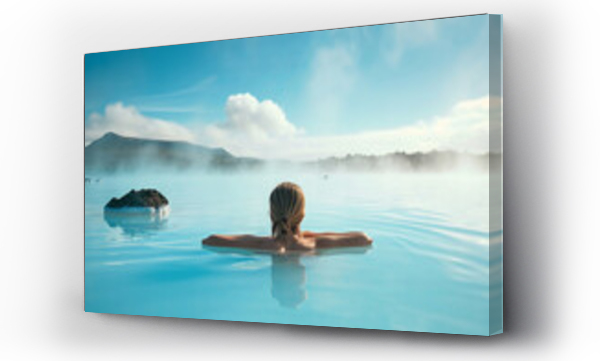 Wizualizacja Obrazu : #720910882 Young woman enjoying spa in hot springs in Iceland. Beautiful girl having fun in thermal bath on a backdrop of scenic Icelandic nature.