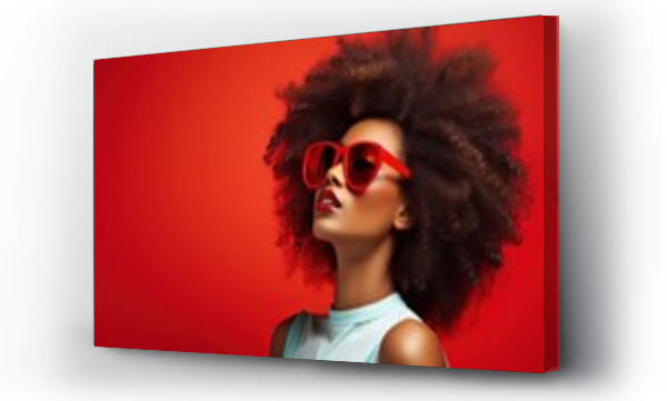 Wizualizacja Obrazu : #721041135 Beautiful young african american woman with afro hairstyle and red sunglasses on red background. Generative AI