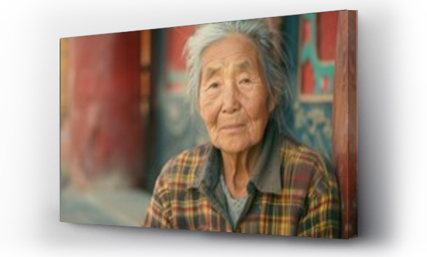 Wizualizacja Obrazu : #721173772 Asian woman close up portrait with Buddhist temple on background